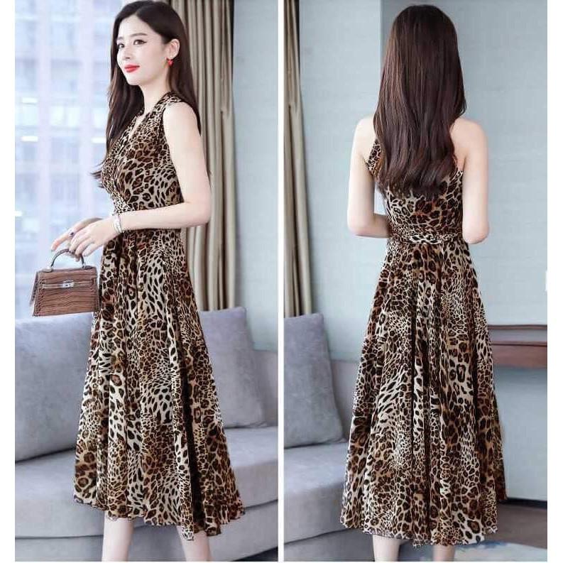 Đầm xòe da beo cổ V sang trọng s270205
