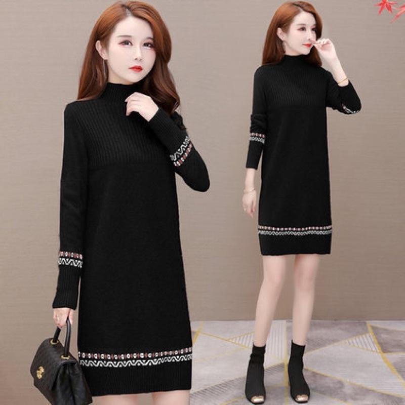 Áo len dáng dài kiêm váy cổ cao_ đầm len dáng suông phong cách thanh lịch sang trọng - VL02