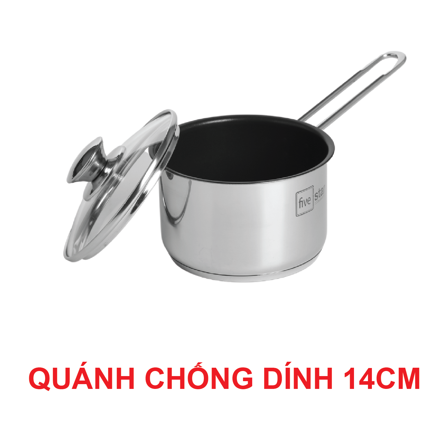 Quánh Chống Dính Bột Cháo 3 Đáy Inox 430 Fivestar Standard Nắp Kính Bếp Từ - 14Cm