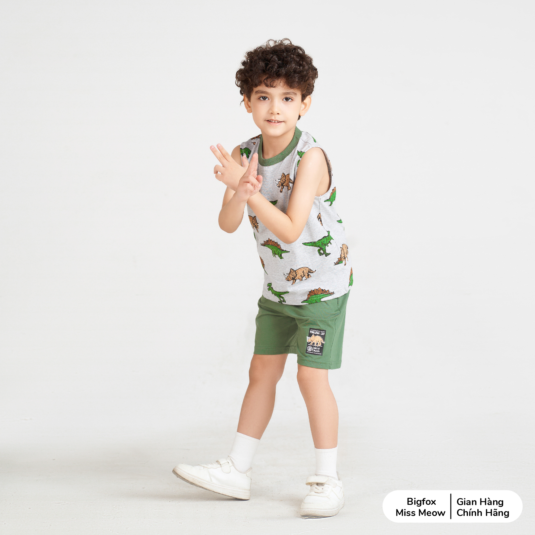 Bộ sát nách bé trai Bigfox Miss Meow mùa hè size đại vải cotton kiểu ba lỗ in khủng long 3,7,9,11 tuổi 30kg 40kg 1931