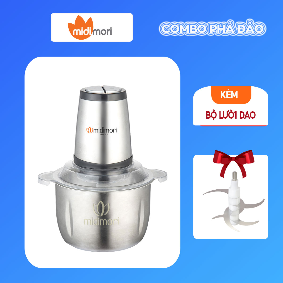 Máy Xay Thịt Cối Inox 3 Lít Midimori MDMR - 800 (800W) - Tặng Kèm 1 Bộ Lưỡi Dao (6 Lưỡi) Dự Phòng - Hàng Chính Hãng