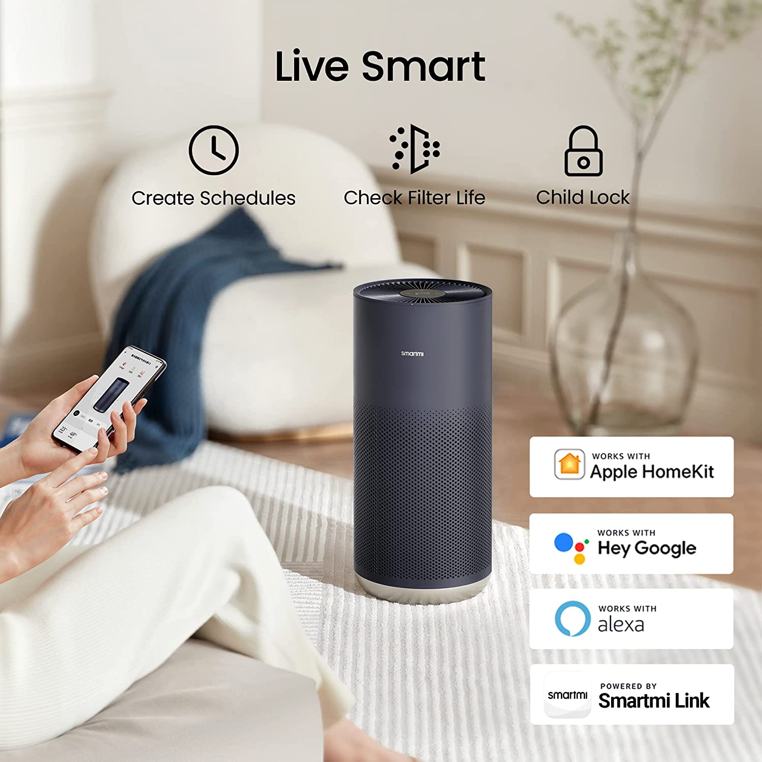 Máy Lọc Không Khí XIAOMI Smartmi Air Purifier 2 Tiêu Chuẩn Mỹ Khử Khuẩn Tia UV Làm Sạch Không Khí Và Khử Mùi Hôi, Dị Ứng Có Kết Nối App Phù Hợp Diện Tích 45m2 Công Suất 40W - Hàng Chính Hãng