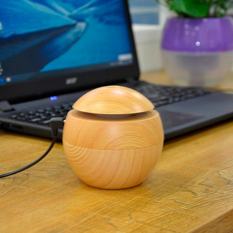Máy Xông Tinh Dầu Tạo Độ Ẩm Hình Tròn Vân Gỗ Có Đèn Led-Màu Vàng - Giao Hàng Toàn Quốc