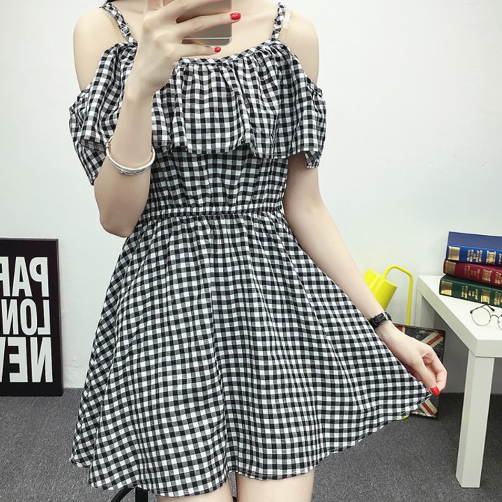 Đầm 2 dây caro cổ bèo Mã: DA4578 - ĐEN