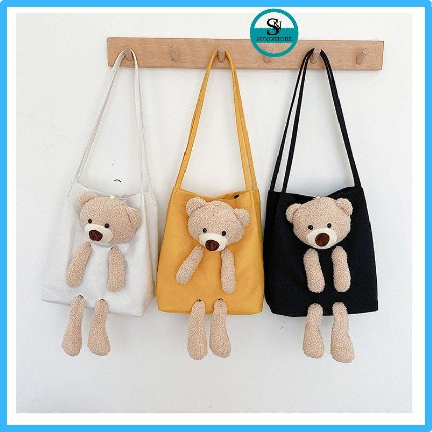 Túi Tote Vải Canvas Đeo Chéo Nữ Giá Rẻ Kiểu Hàn Quốc Đi Học Đi Chơi SUNO STORE TT01 tặng gấu xinh xắn