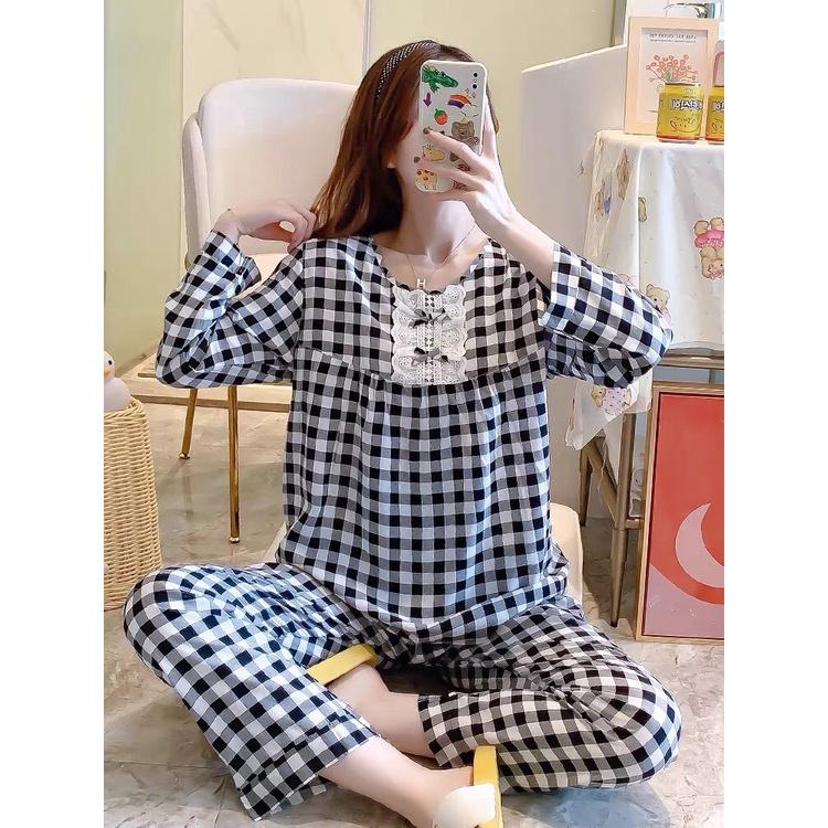 Set bộ mặc nhà caro tay dài quần dài n06-1121