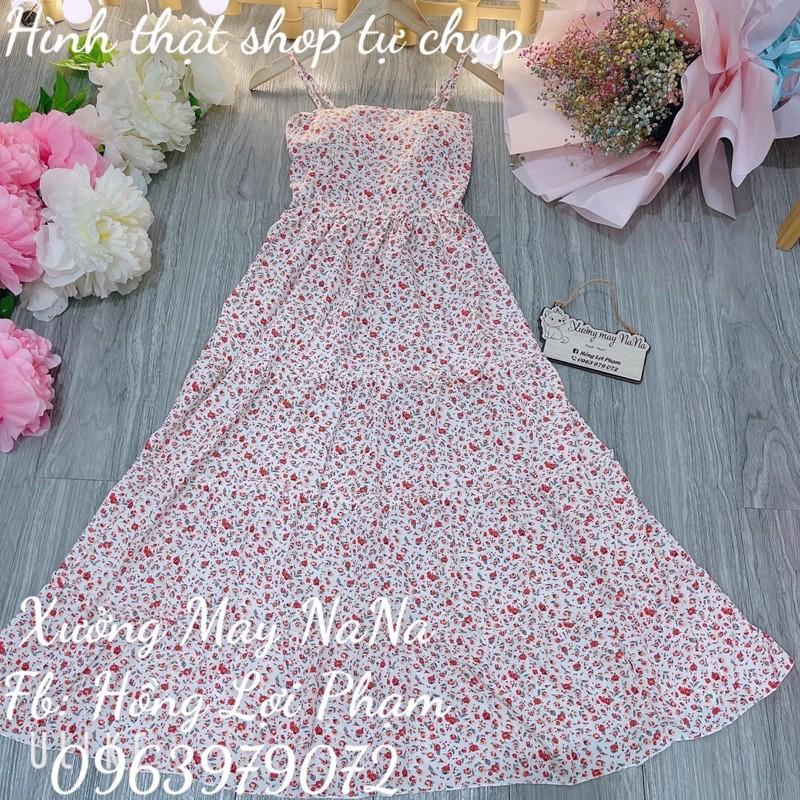 Đầm hoa nhí 2 dây có mút ngực nhún tầng