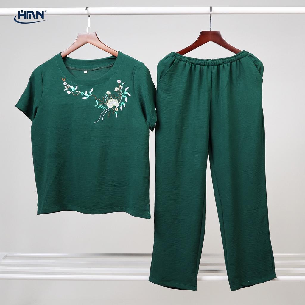 Set đồ bộ trung niên nữ áo thun tay ngắn thêu hoa trước ngực áo kèm quần dài/lửng vải đũi linen cao cấp - HMN Fashion