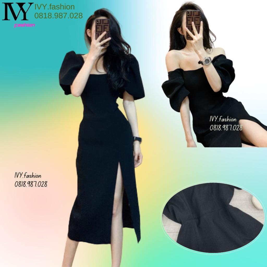 Đầm midi ôm body cotton tay phồng xẻ đùi đen cổ vuông cúp ngực trễ vai tôn dáng đi biển dự tiệc cao cấp size S M L