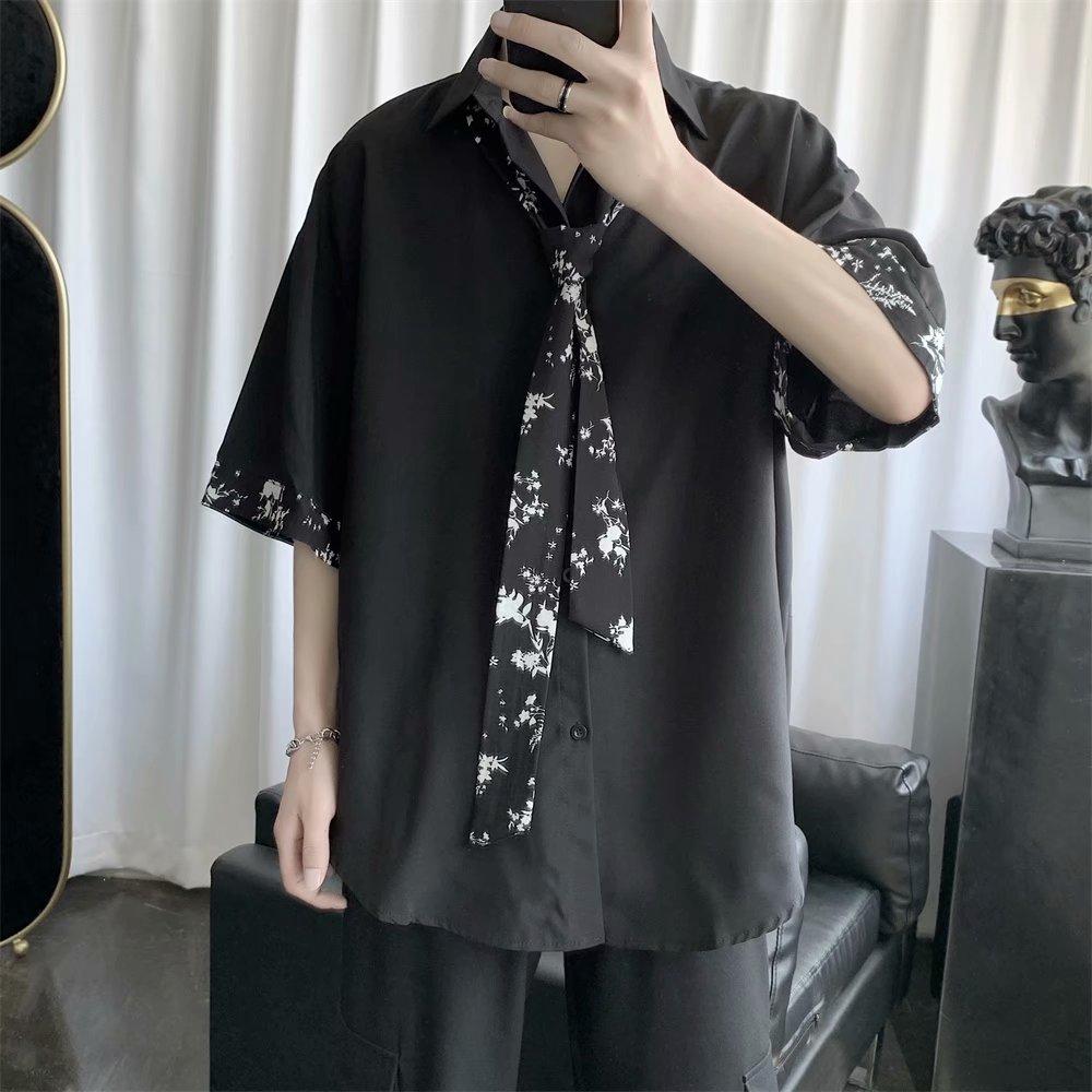 Áo sơ mi tay lỡ có cà vạt họa tiết hoa văn cho nam
