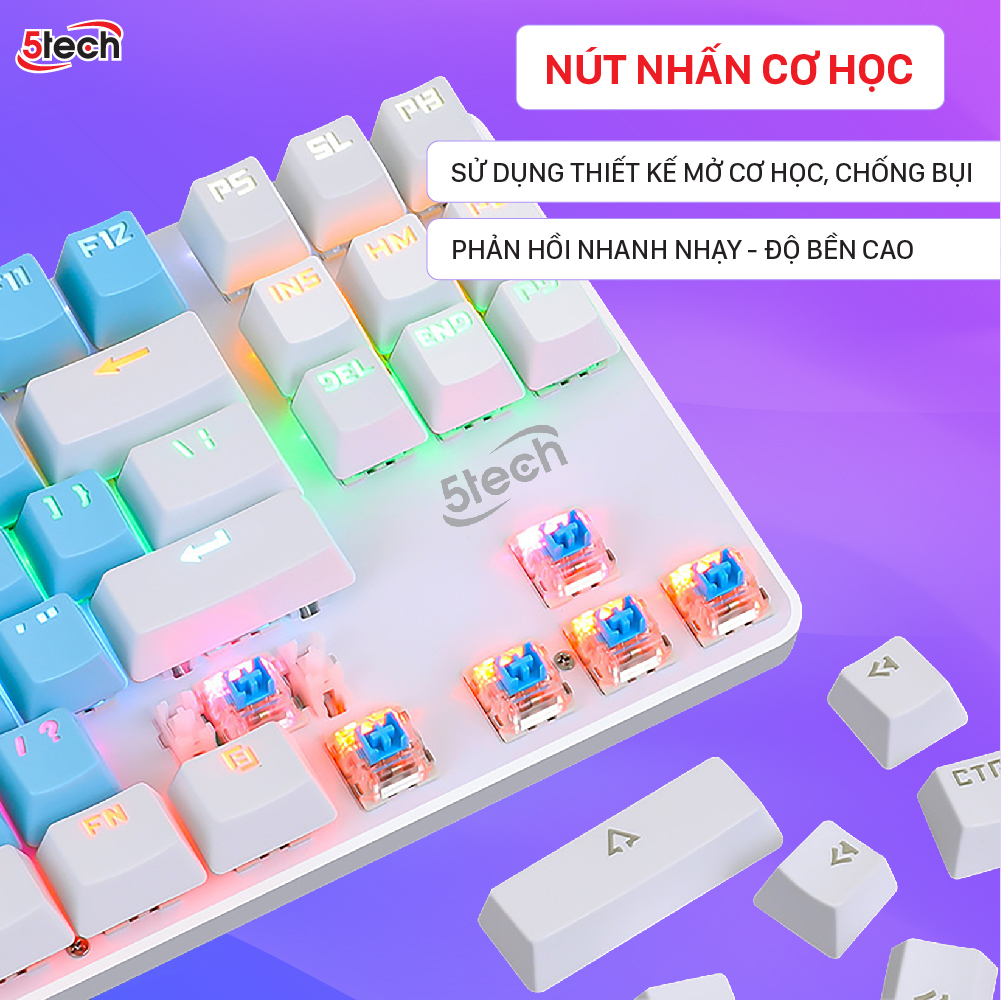 Bàn phím cơ gaming 5TECH Led RGB 10 chế độ nháy cực đẹp, chơi game gõ siêu đã, thiết kế nhỏ gọn dùng cho máy tính, laptop hàng chính hãng