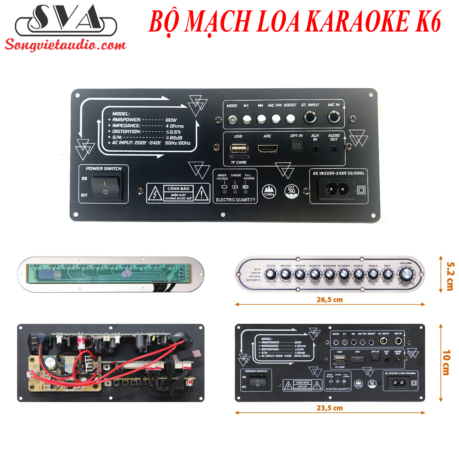 BỘ MẠCH LOA KÉO XÁCH TAY K6 CÓ REVERB - 60W