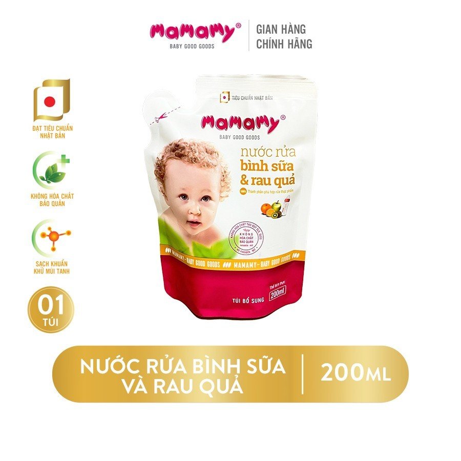 Túi Nước rửa bình sữa và rau quả lành tính, đạt tiêu chuẩn Nhật Bản Mamamy an toàn cho cả trẻ sơ sinh 200ml