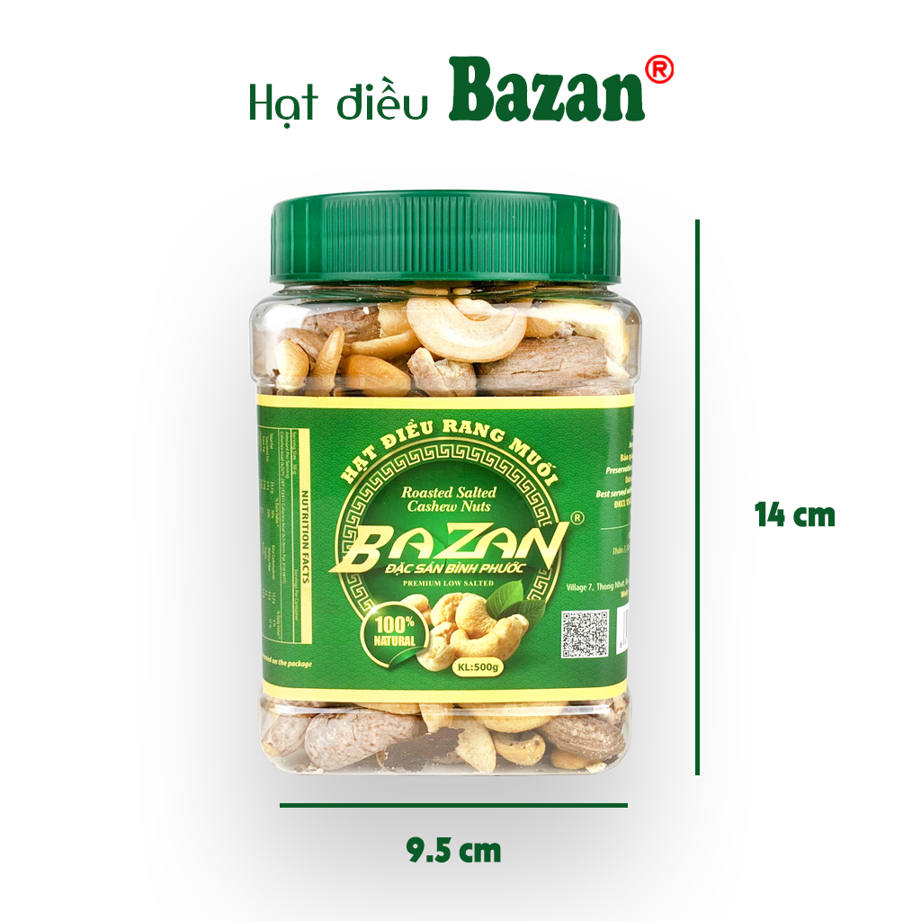 Hạt điều rang muối Bazan Bình Phước bể đôi hạt dinh dưỡng A+ loại 1 hộp 500g nắp xanh bể còn vỏ lụa