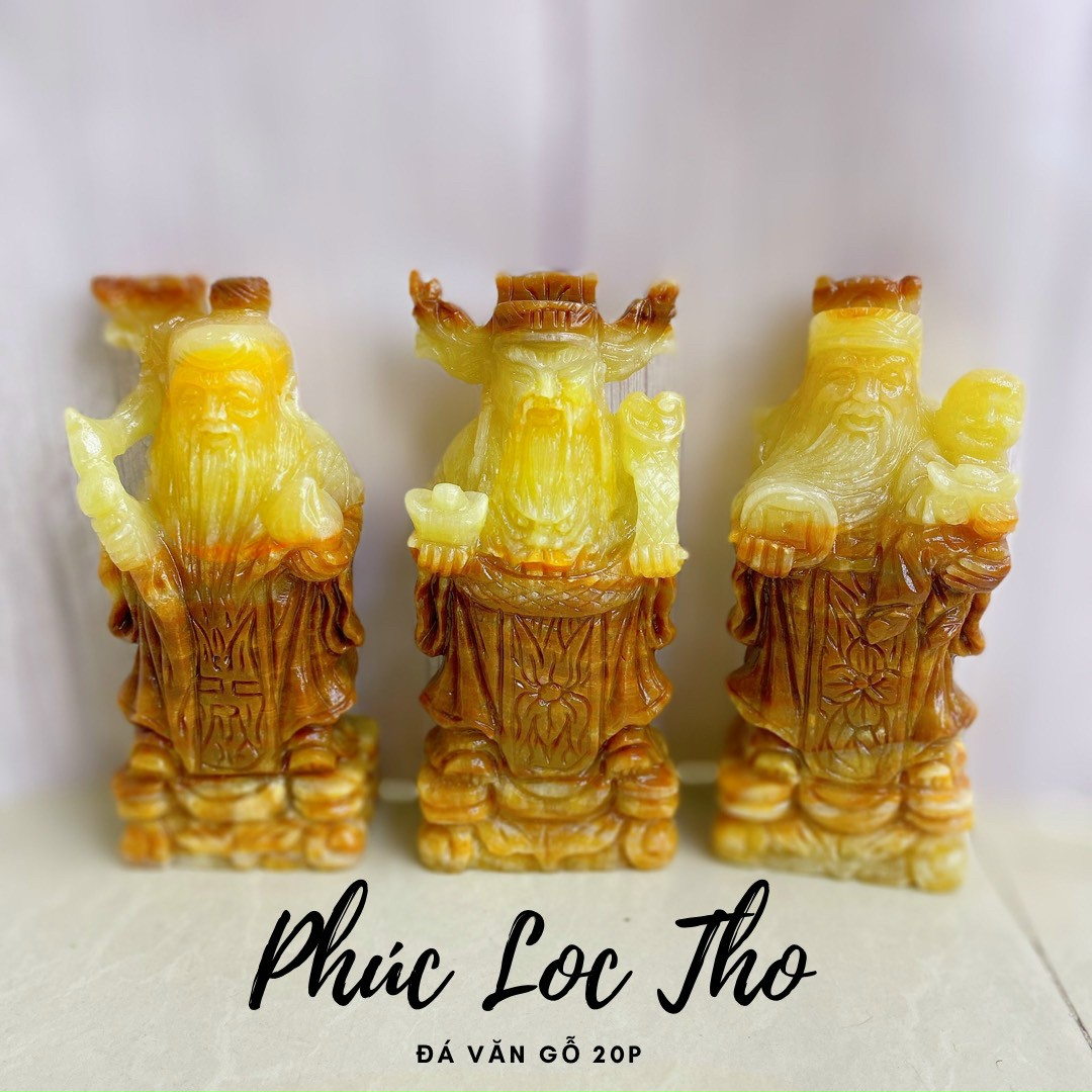 Bộ 03 tượng Tam Đa Phúc - Lộc - Thọ size 20cm bằng đá vân gỗ tự nhiên