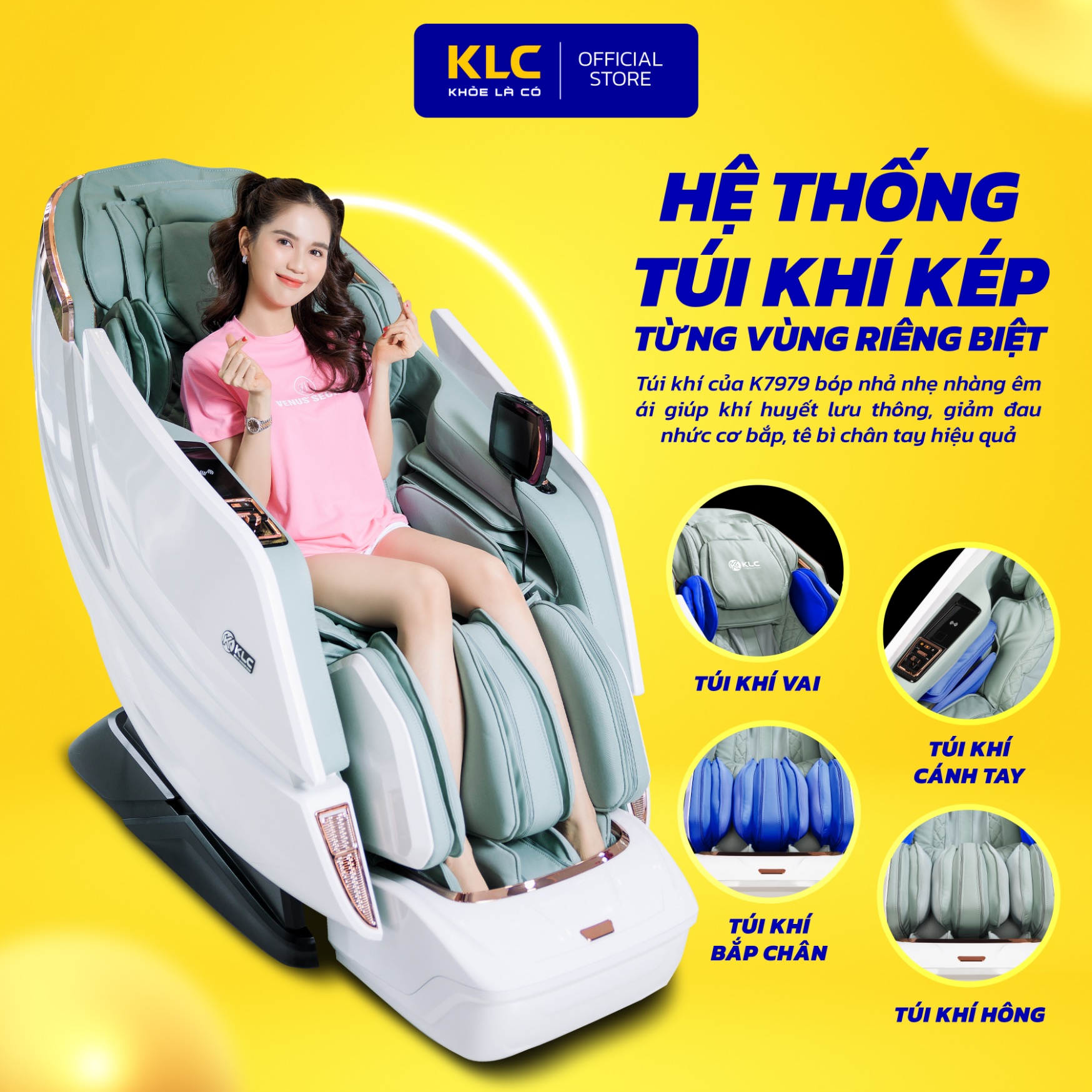Ghế massage toàn thân cao cấp KLC K7979, công nghệ hồng ngoại, body scan, con lăn 4D kết hợp sóng não thư giãn