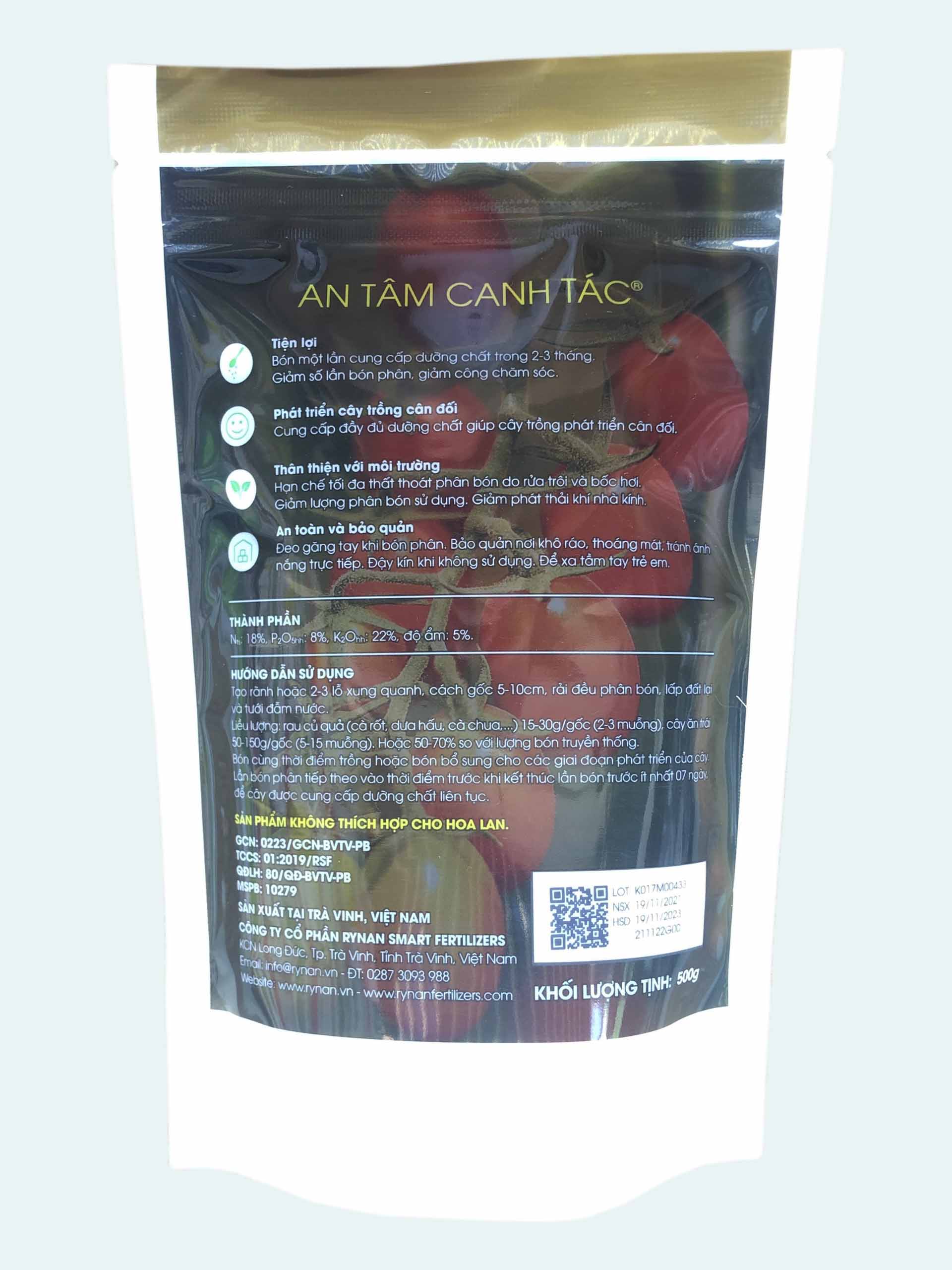 PHÂN BÓN THÔNG MINH TAN CHẬM RYNAN NPK 18-08-22 - Túi 500g – Chuyên Dùng Cho Rau, Củ, Quả, Cây ăn trái – Cung cấp dưỡng chất lên tới 2 – 3 tháng