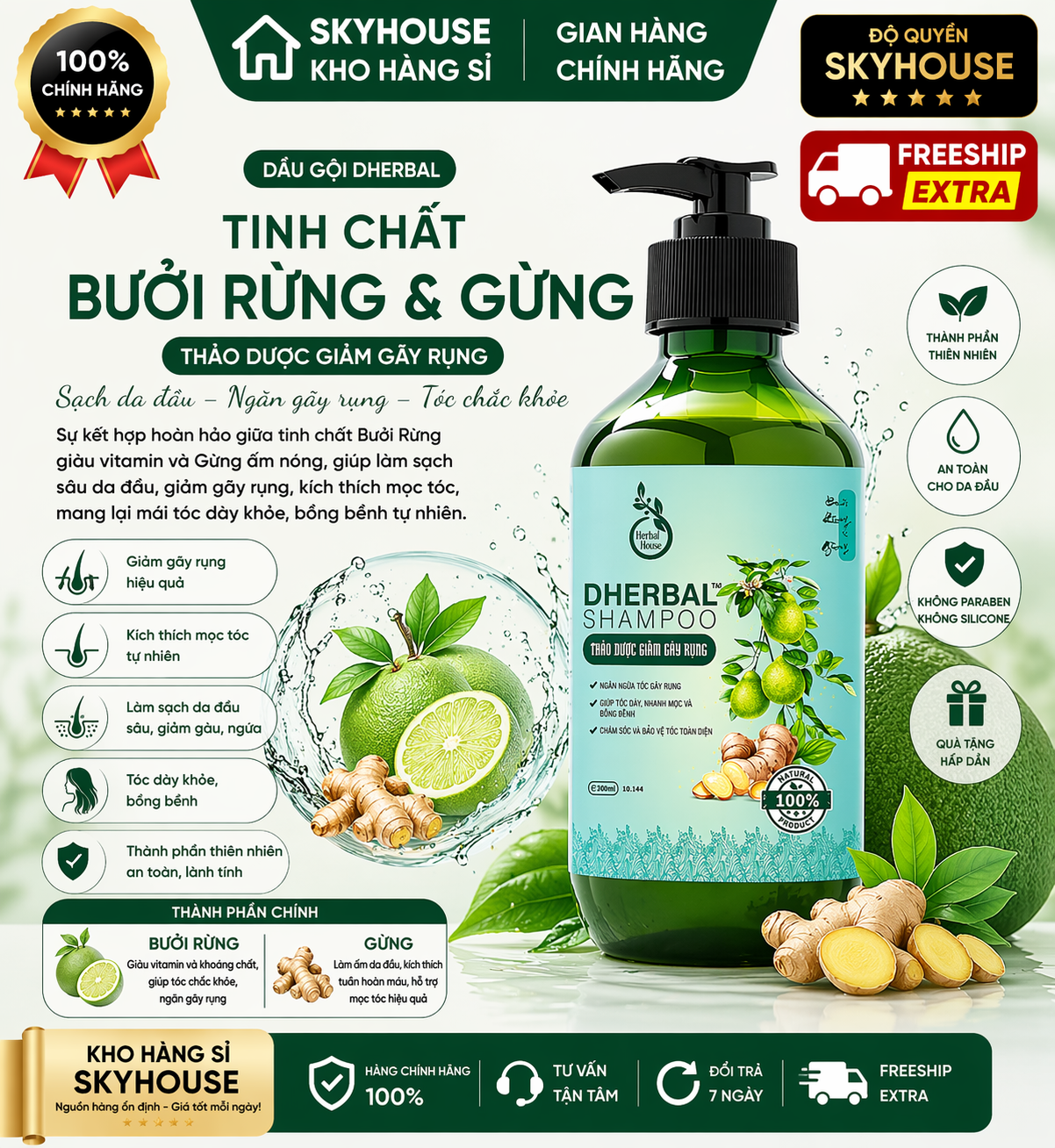Dầu gội thảo dược tinh chất bưởi rừng gừng độc quyền DHERBAL chai 300ml  giảm gãy rụng cải thiện mọc tóc chính hãng