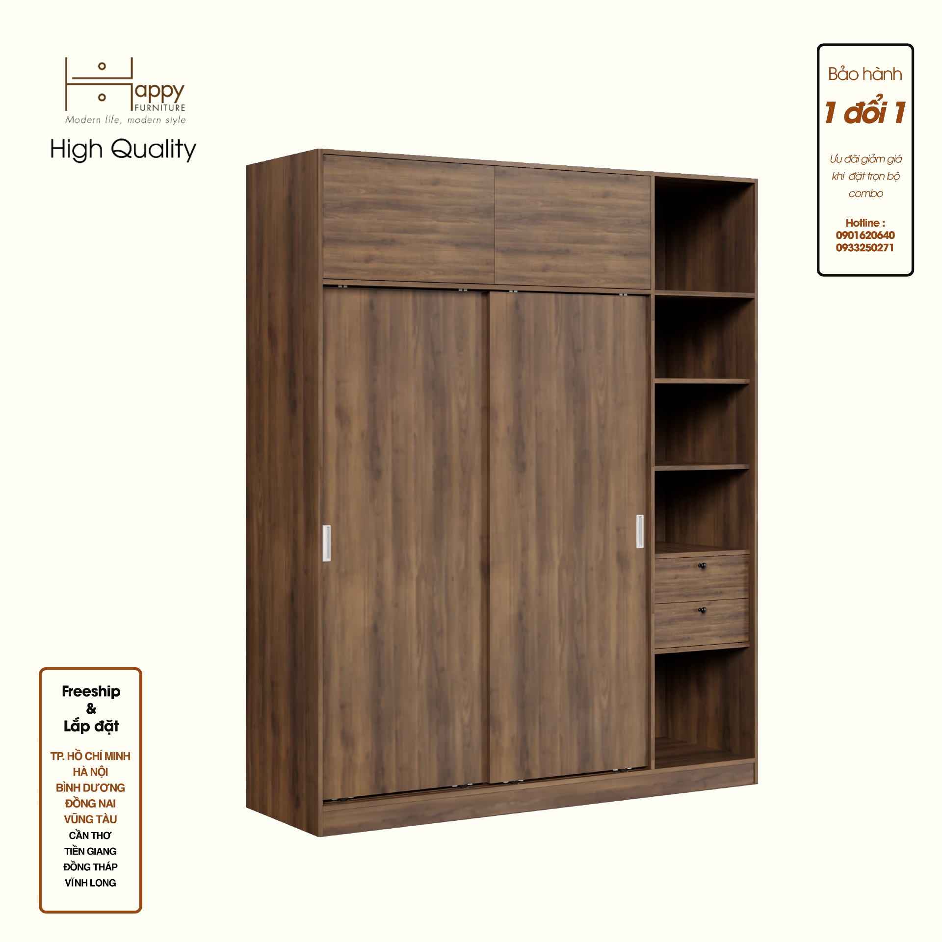 ELEGANT, Tủ quần áo cửa lùa 1m8x2m2 , 180cm x 54cm x 220cm , TCL_006