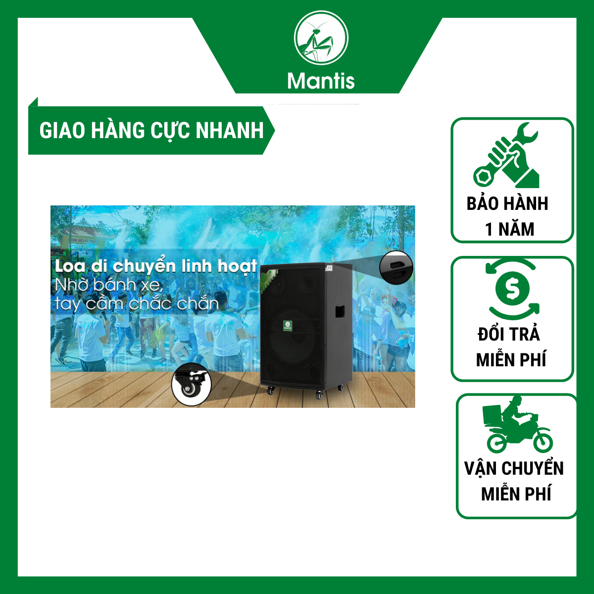 Loa kéo/karaoke di động Mantis MT15-ST1A công suất lớn 600W bảo hành toàn quốc 3 way 4 tấc