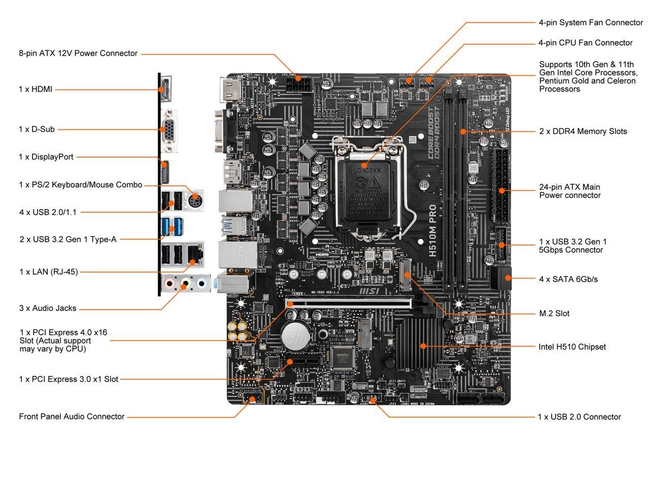 Mainboard MSI H510M PRO E (Socket 1200, HDMI+VGA DDR4) - Hàng chính hãng FPT phân phối