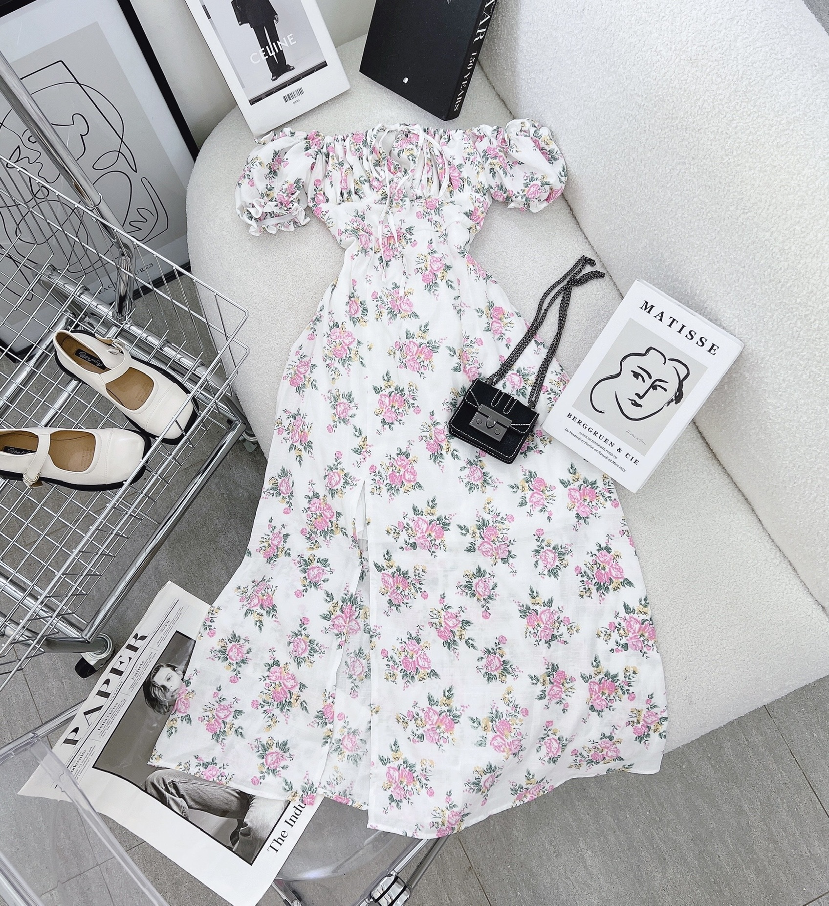 Đầm maxi hoa nhí xẻ đùi - đầm trễ vai maxi mang được 2 kiểu