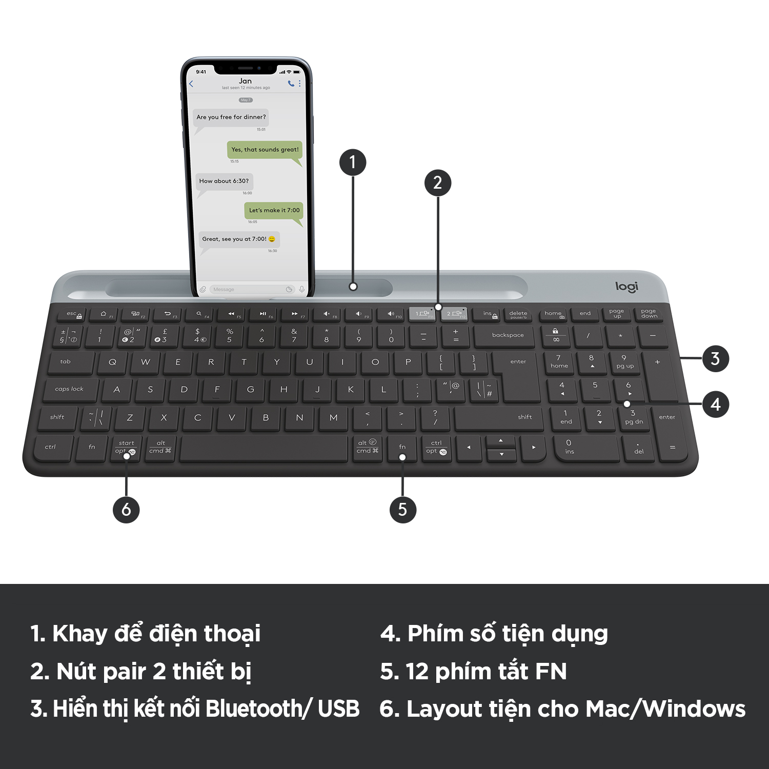 Bàn phím không dây Bluetooth Logitech K580 - kết nối 2 thiết bị, pin 2 năm, mảnh gọn, phù hợp PC/ iPad/ Điện thoại - Màu