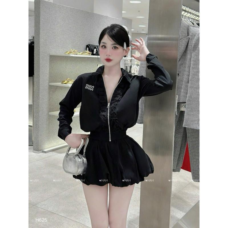 Set áo khoác phối viền bèo khoá chân váy bí phồng HAH BY JOLIE - Đen