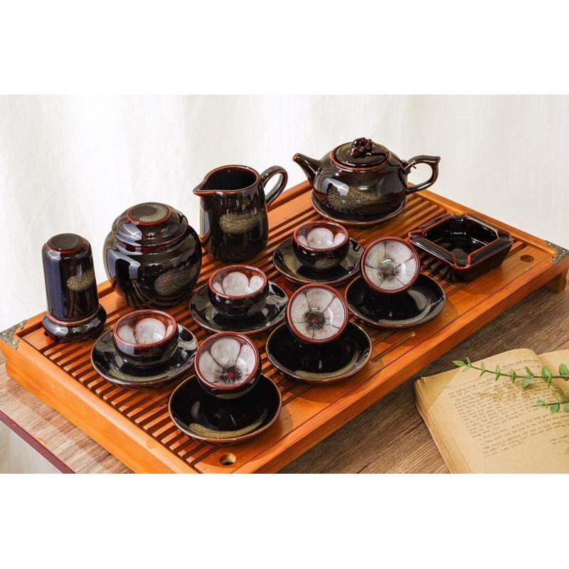 Bộ ấm trà men nâu- nâu gấm và phụ kiện. Gốm sứ Bát Tràng.