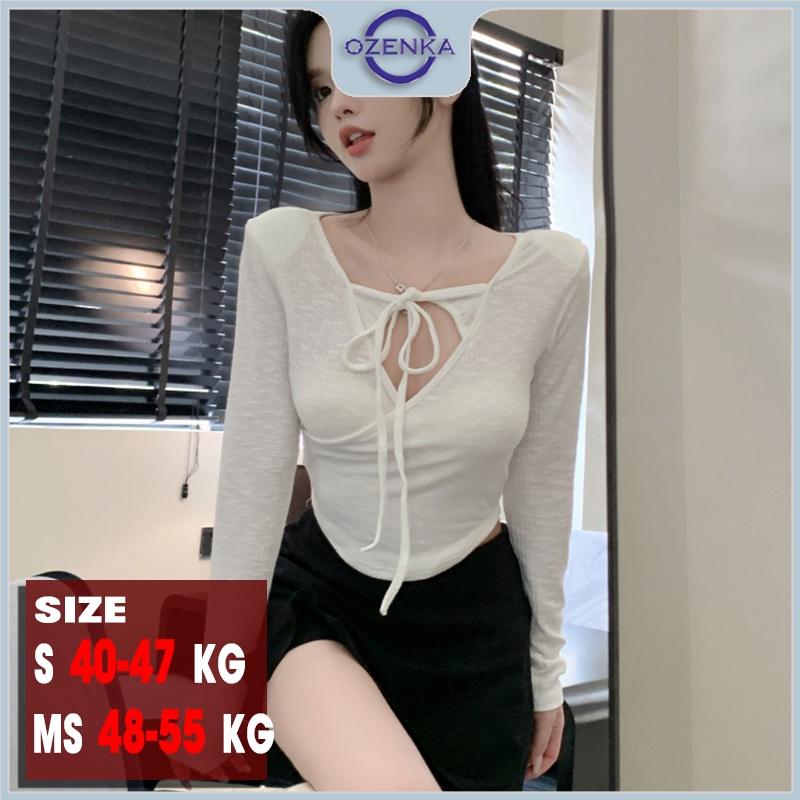 Áo croptop ôm tay dài kiểu gợi cảm nữ OZENKA, áo crt mặc thu đông đẹp vải cotton đen trắng size dưới 55 kg