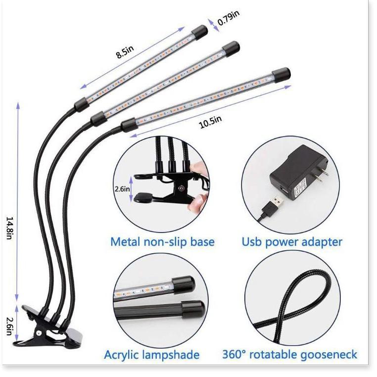 Đèn LED trồng cây 3 nhánh 30W có kẹp chân hẹn giờ USB