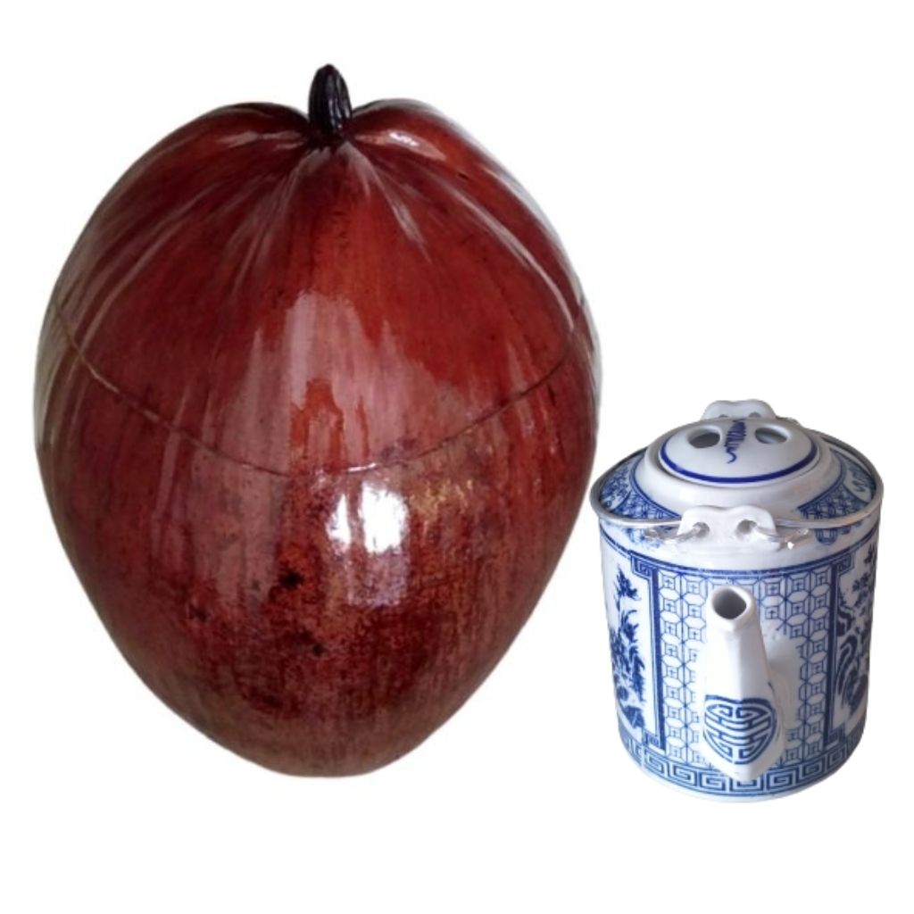 Vỏ Bình Trà Trái Dừa Có Sơn Bóng Màu Nâu Đỏ Và Bình Trà 850 - 950ml - Sản Phẩm Được Sản Xuất Tại Bến Tre