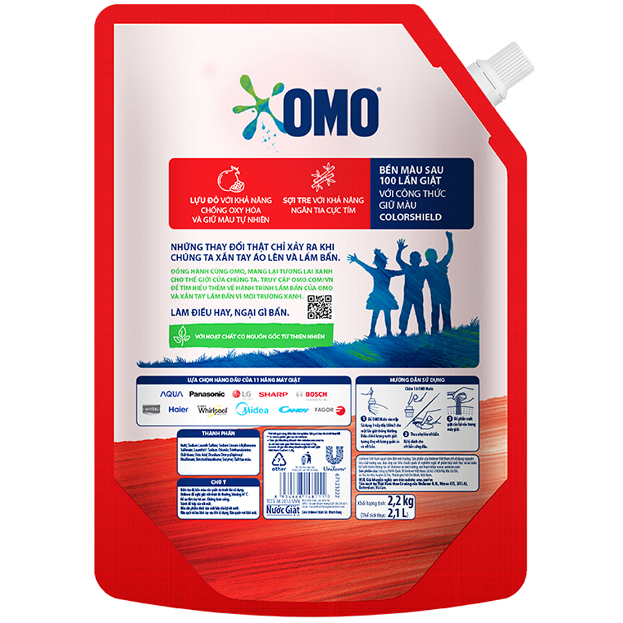 Nước giặt OMO Matic Bền đẹp cho máy giặt cửa trên, bền màu sau 100 lần giặt, túi 2.0kg
