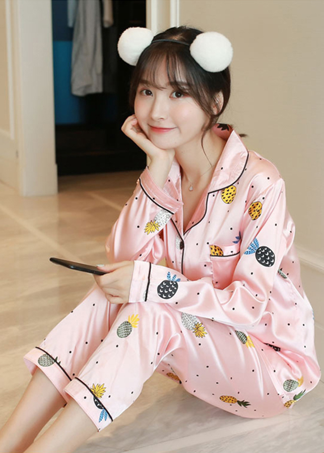 Bộ đồ ngủ Pijama tay dài quần dài phi bóng hoạ tiết trái thơm dễ thương CDANP11 hồng cam