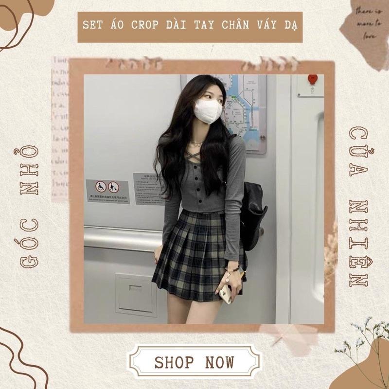 Set Chân Váy Tennis Dạ Xếp Ly Và Áo Croptop Dài Tay Mix Dây Chéo Cổ (ẢNH THẬT+VIDEO)