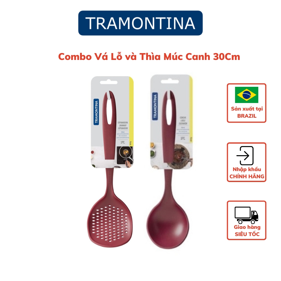 Combo 2 Dụng Cụ Nấu Ăn Gồm 1 Muôi Vớt/Vá Có Lỗ 30cm và 1 Thìa Múc Canh Sâu Lòng 30cm TRAMONTINA Chất Liệu Nhựa Chịu Nhiệt An Toàn Sản Xuất Tại BRAZIL - Hàng Chính Hãng