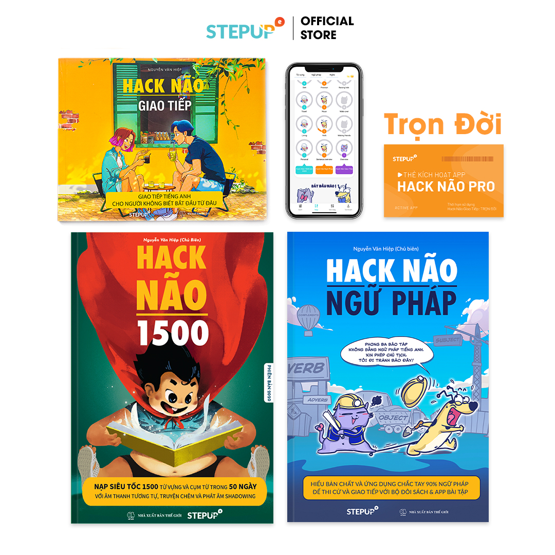 Sách - Combo 3 cuốn Hack Não 1500 Từ Vựng Tiếng Anh + Ngữ Pháp + Giao Tiếp - Kèm App Hack Não Pro kiểm tra học phát âm Trọn Đời