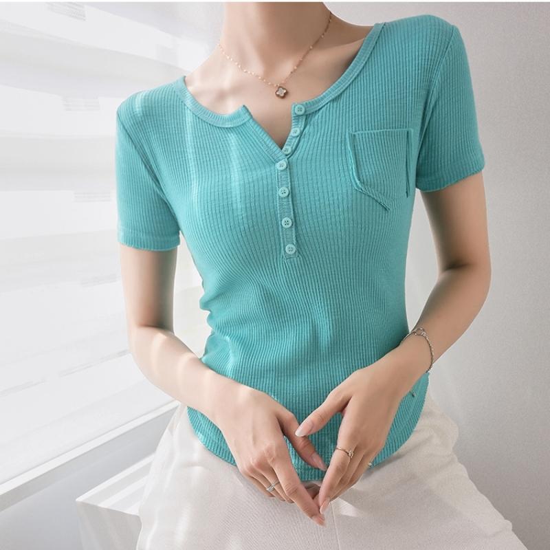 Áo Thun nữ cổ V phối cúc chất tăm lạnh, Áo len tăm cộc tay co dãn tốt, mềm mịn