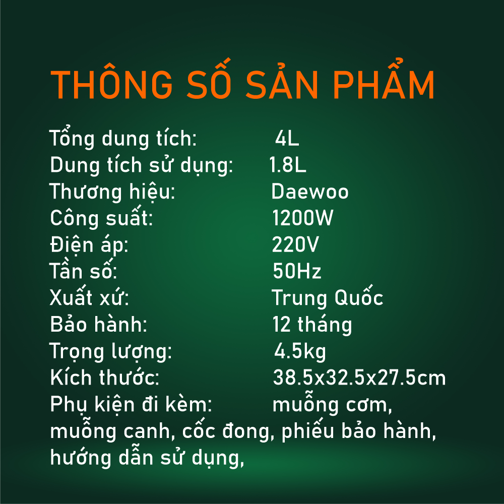 Nồi cơm điện cao tần 1.8L Daewoo DWRC-G411IH công suất 1200w, bảo hành 1 năm, hàng chính hãng