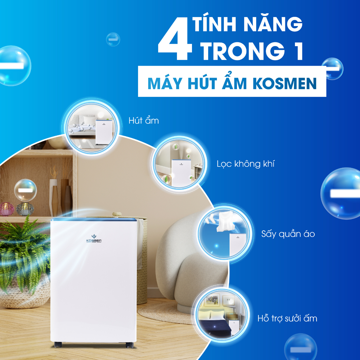 Máy hút ẩm lọc không khí Kosmen KM-12N - Hàng Chính Hãng