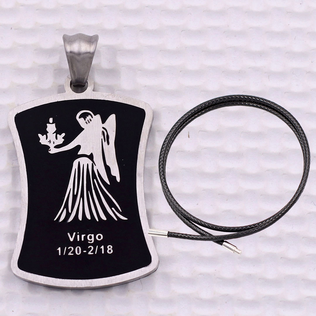 Mặt dây chuyền cung Xử Nữ - Virgo inox trắng kèm vòng cổ dây cao su đen + móc inox trắng, Cung hoàng đạo
