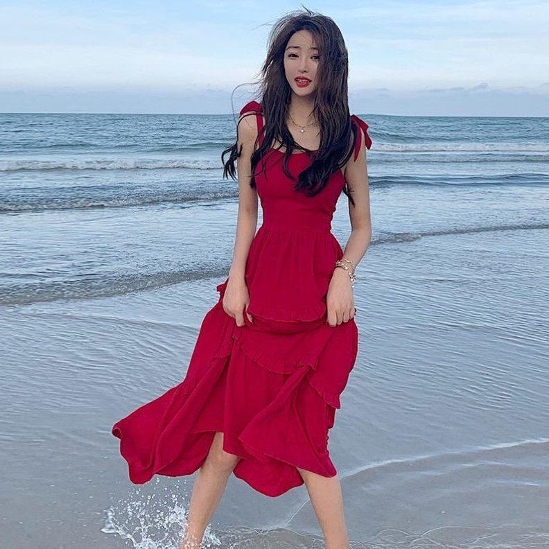 DONGSHOP Red Sling Dress Design Sense Little French Vintage Beach Dress Đối với phụ nữ đi biển kỳ nghỉ mùa hè 2023