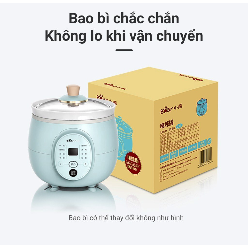 [BẢN QUỐC TẾ] Nồi Nấu Chậm Đa Năng Bear DDG-D20P1 - Dung tích 2L, Lòng nồi bằng sứ, Hẹn giờ - Hàng Chính hãng - Bảo hành 18 tháng