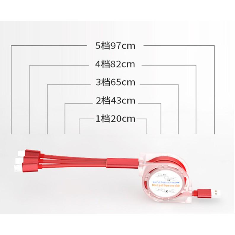 Cáp sạc dây rút 3 trong 1, có thể kéo dài rút ngắn dễ dàng,3 đầu sạc Micro, Type-C, Lightning 5.0