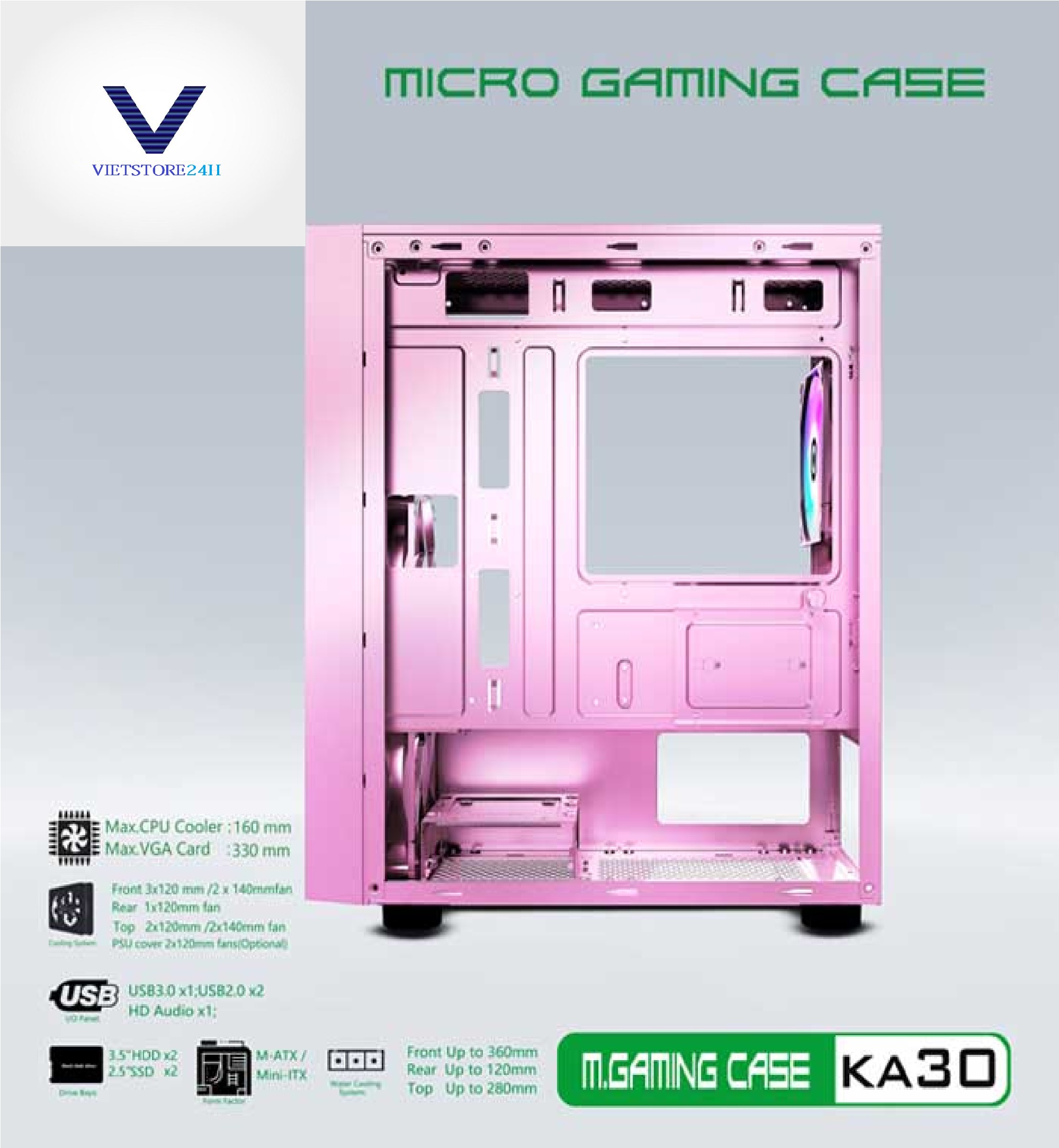 Case Gaming VSP KA30 Mini Tower (Hồng) - Hàng chính hãng