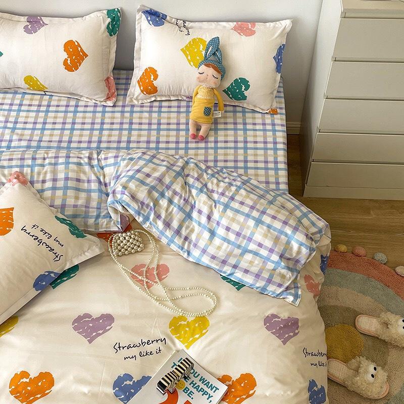 Bộ chăn ga gối cotton poly - Mẫu tim kẻ xanh.