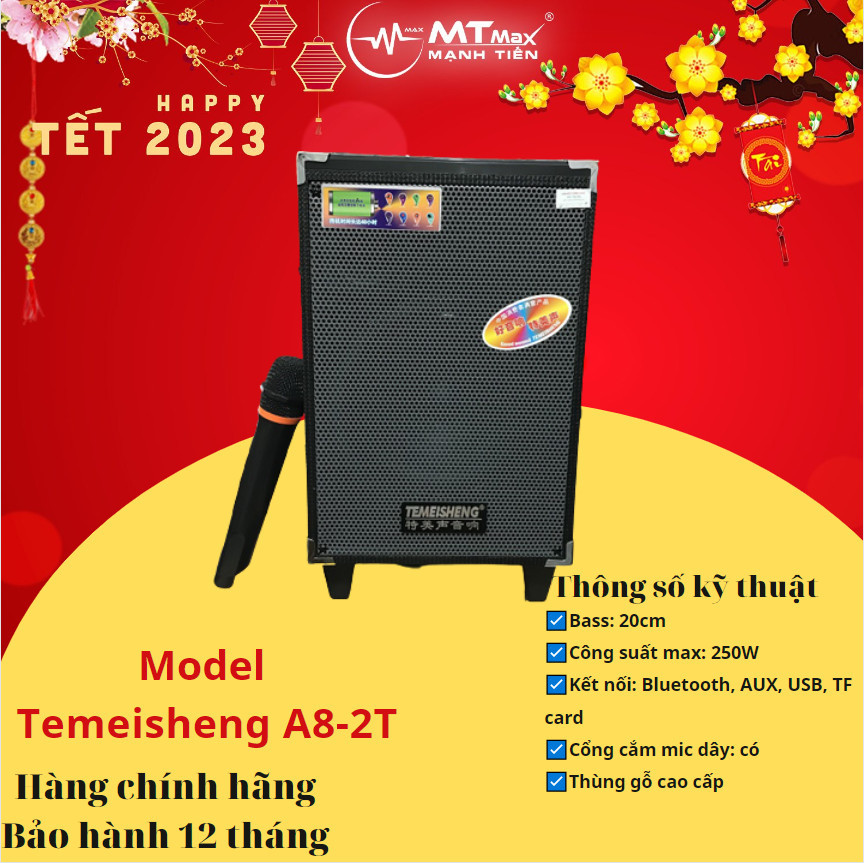 Loa kéo Temeisheng A8-2T - Loa kéo di động bass 2 tấc - Tặng kèm 1 micro không dây - Công suất lên đến 250W - Đầy đủ kết nối Bluetooth, AUX, USB, TF card - Cổng 6.5 cắm micro ngoài - Âm thanh sống động, sắc nét - Hàng nhập khẩu
