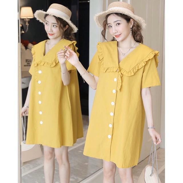 Đầm Suông Ngắn Vàng Có Nút
