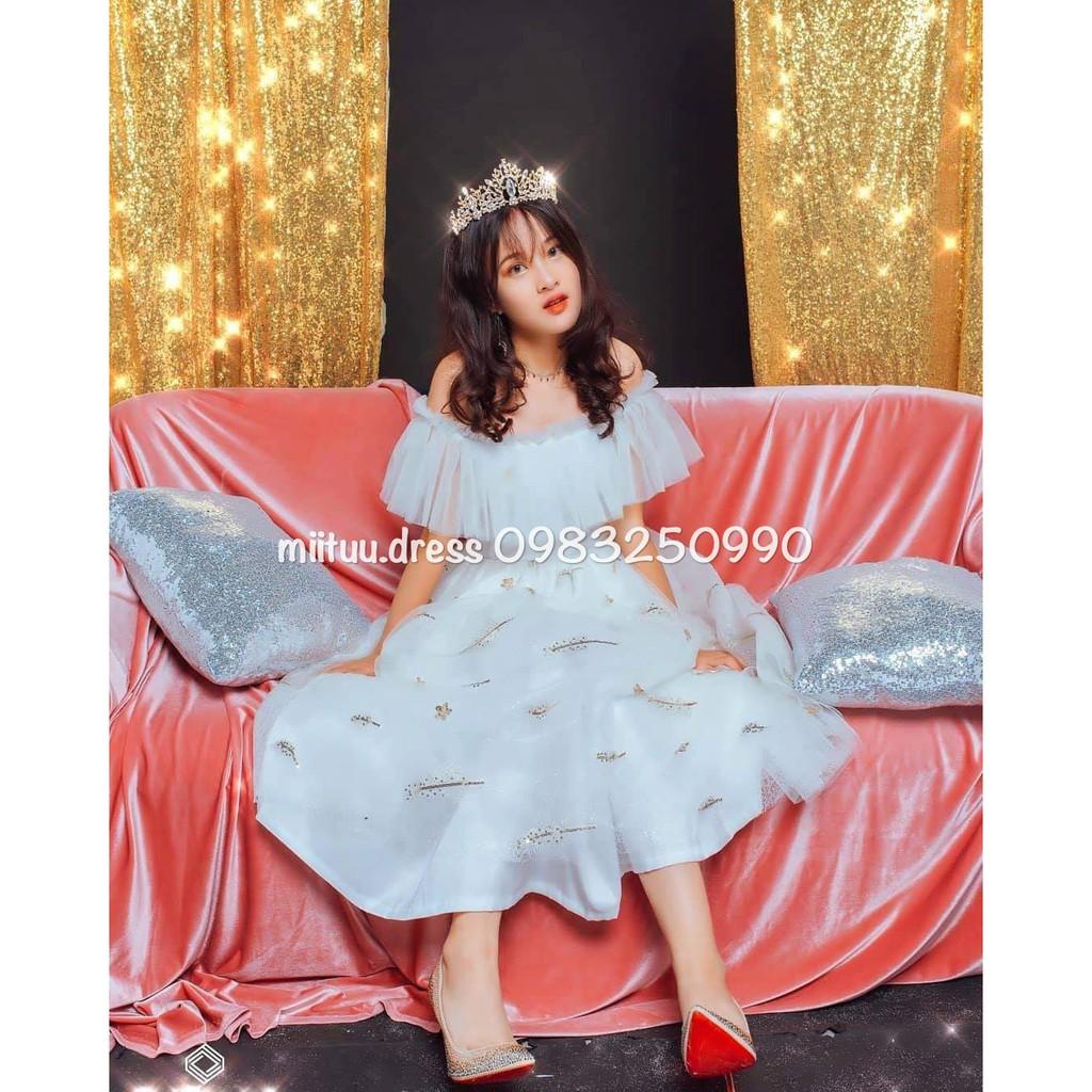 Váy hoa nhí trắng dự tiệc trễ vai kỉ yếu dạ hội đi chơi sinh nhật xòe bèo công chúa xinh dễ thương kim sa CL1 Miituu
