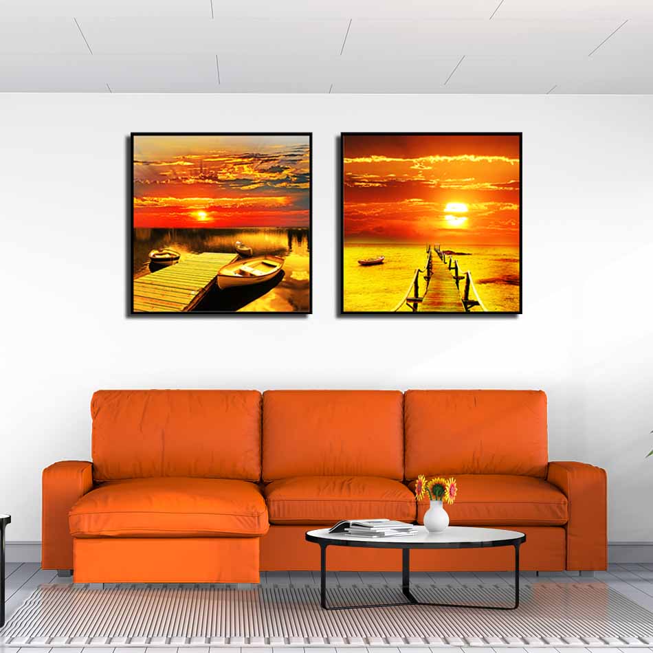 Bộ 2 tranh canvas treo tường Decor Cây cầu và bến thuyền trên biển tone vàng, cam - DC196